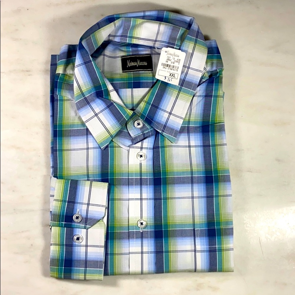 NEIMAN MARCUS GORGEOUS PLAID COTTON TAILORED SHIRT